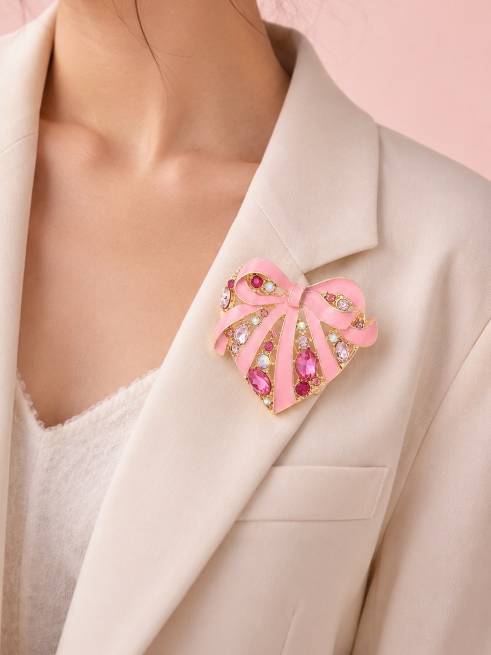 Pink Heart Crystal Ribbon Brooch
